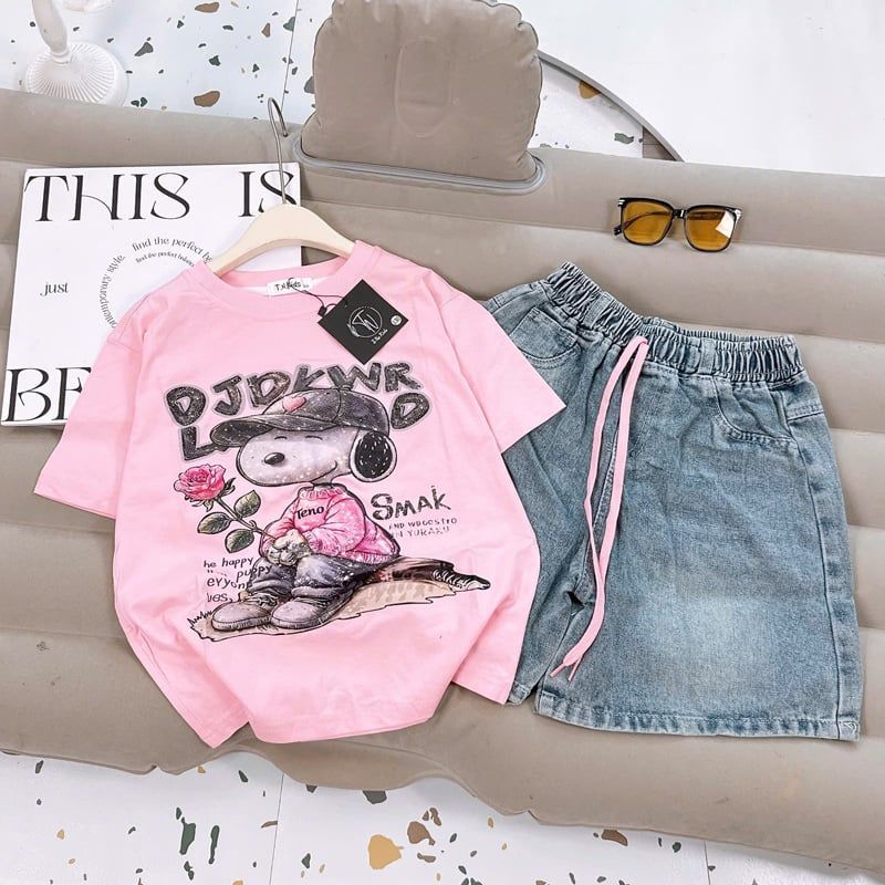 Bộ short jean bé gái snoppy hoa