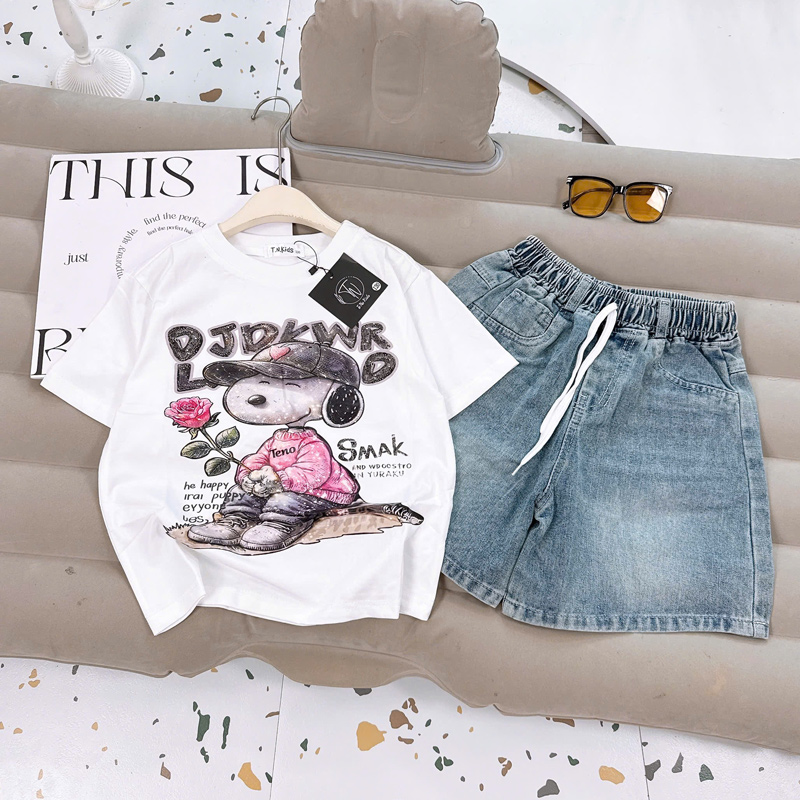 Bộ short jean bé gái snoppy hoa