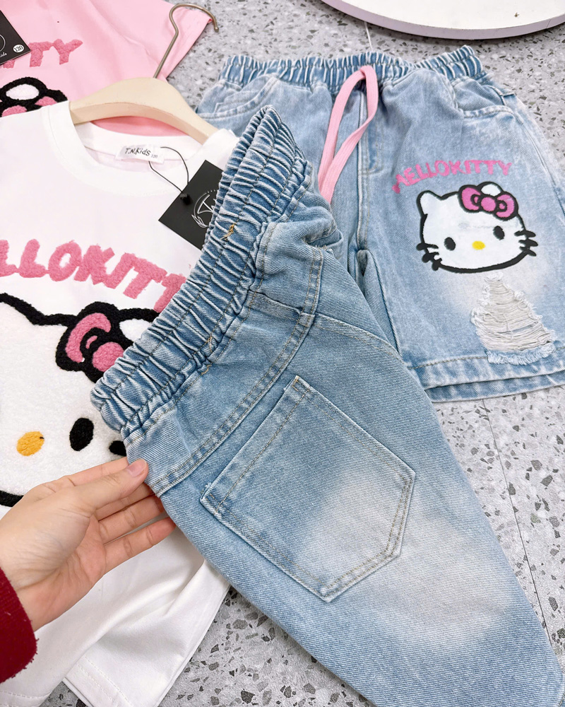 Bộ short jean bé gái thêu xù Kitty
