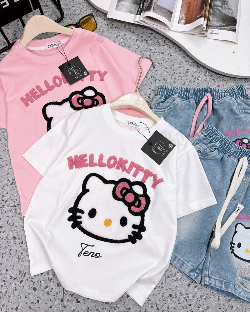 Bộ short jean bé gái thêu xù Kitty