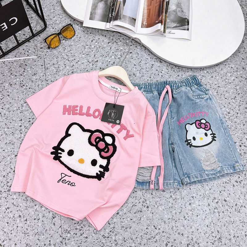 Bộ short jean bé gái thêu xù Kitty