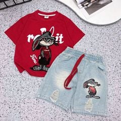 Bộ short jean bé gái thỏ đá