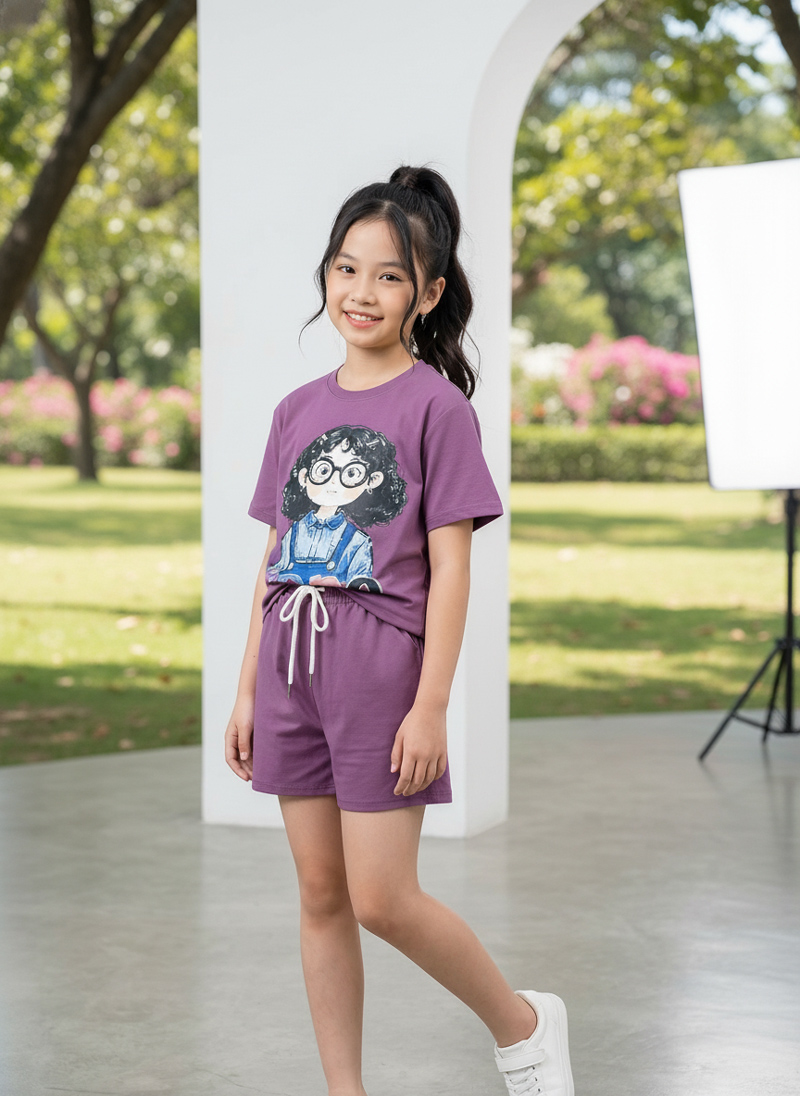 Bộ short thun bé gái cô gái tóc xù