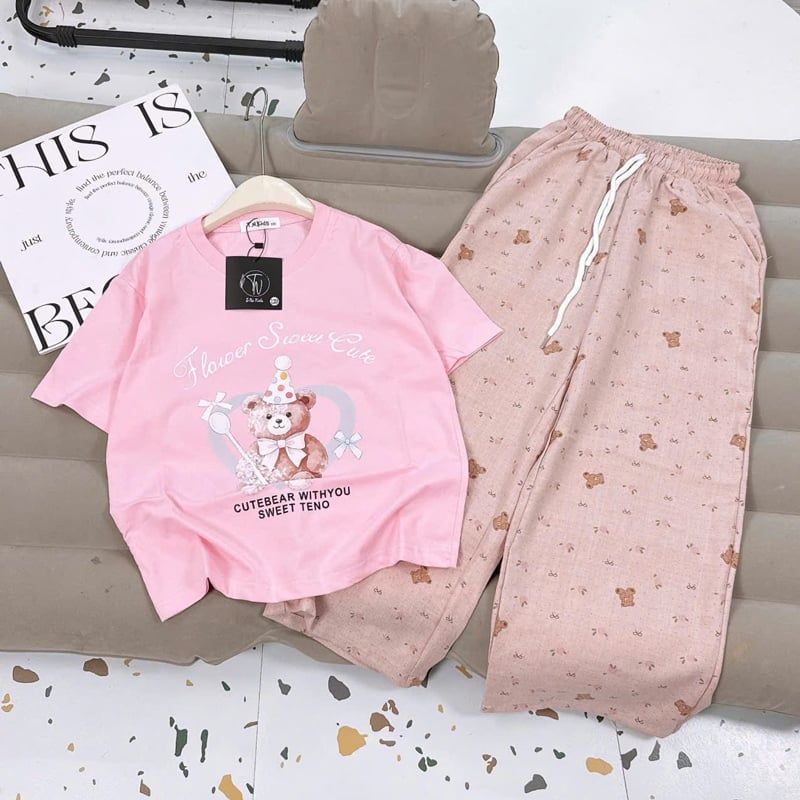Bộ thun dài bé gái sọc gấu cute