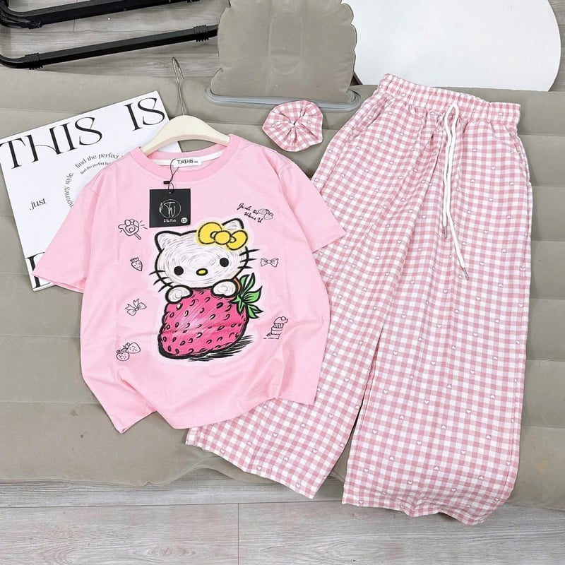 Bộ thun bé gái dài sọc Kitty dâu