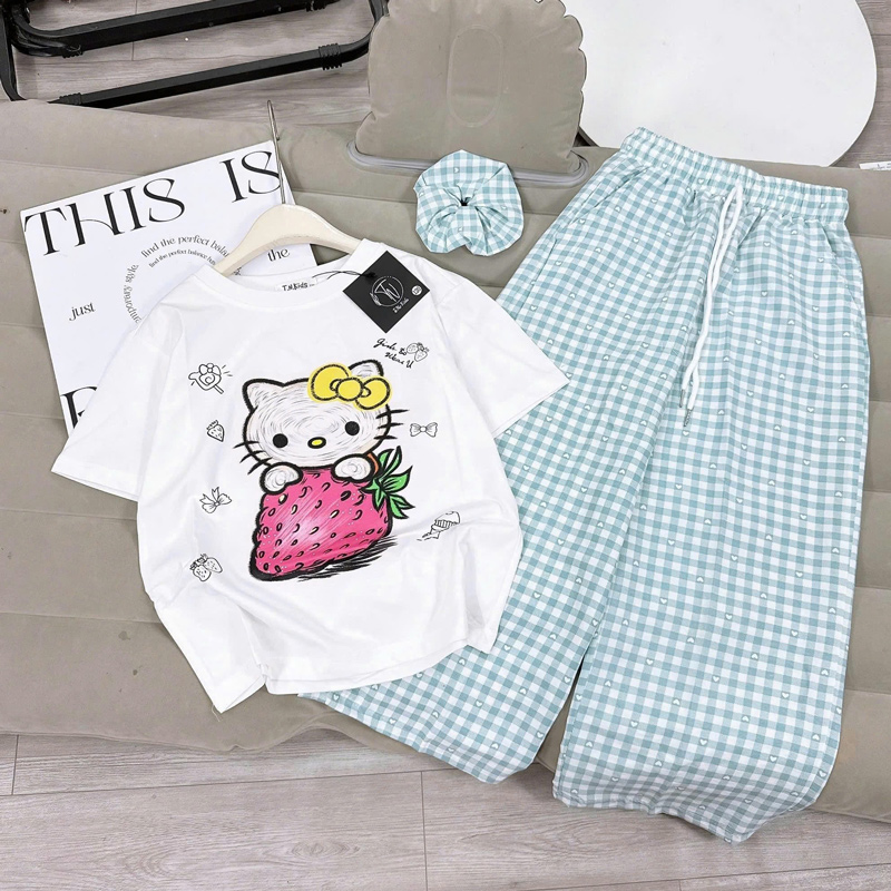 Bộ thun bé gái dài sọc Kitty dâu