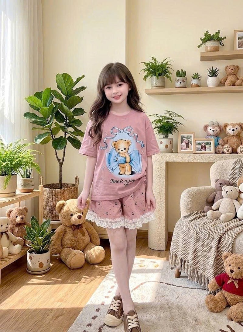 Bộ thun bé gái gấu phối ren
