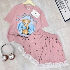 Bộ thun bé gái gấu phối ren