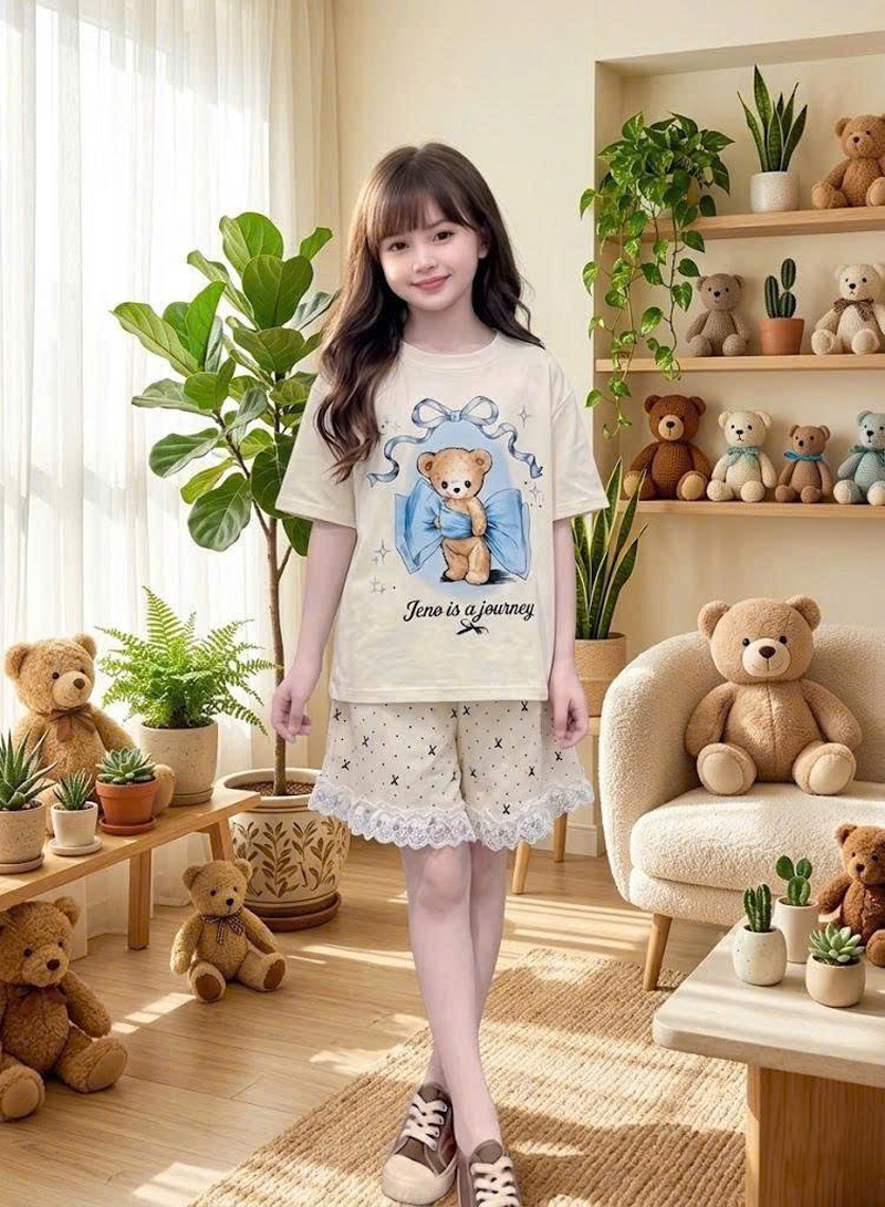 Bộ thun bé gái gấu phối ren