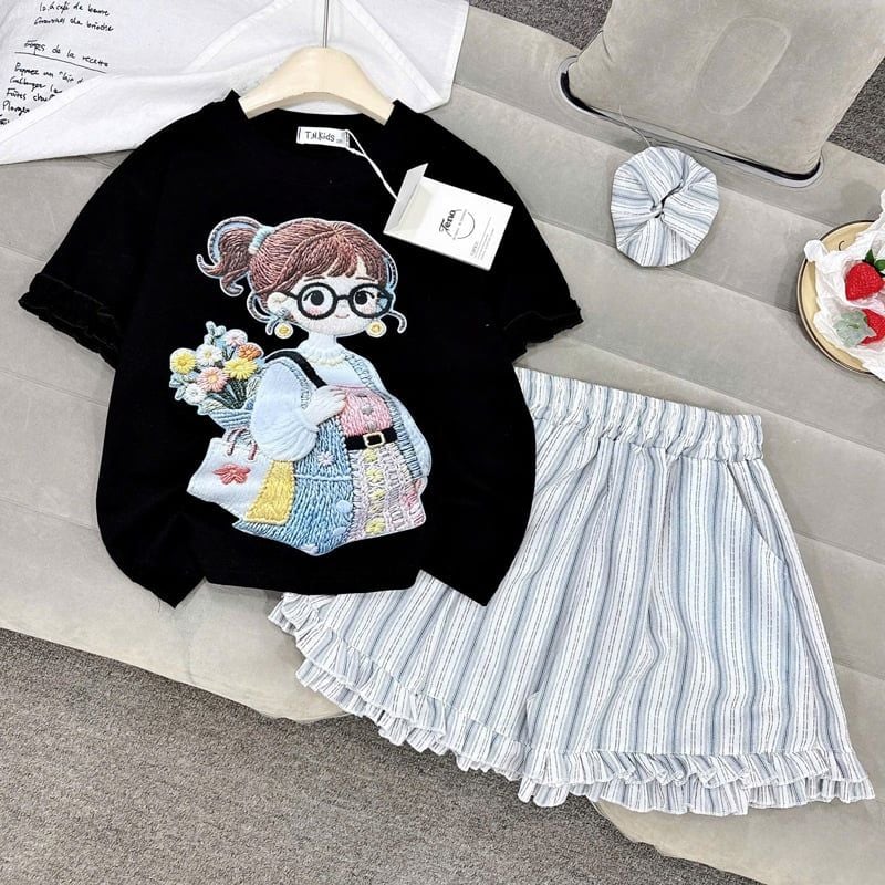 Bộ thun bé gái quần loe hình cô gái