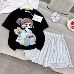 Bộ thun bé gái quần loe hình cô gái