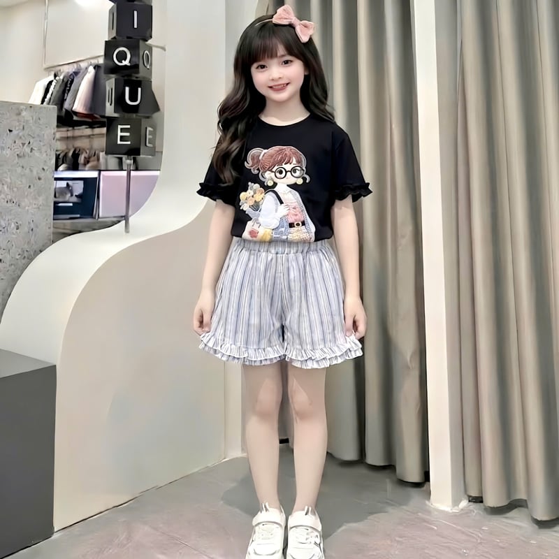 Bộ thun bé gái quần loe hình cô gái
