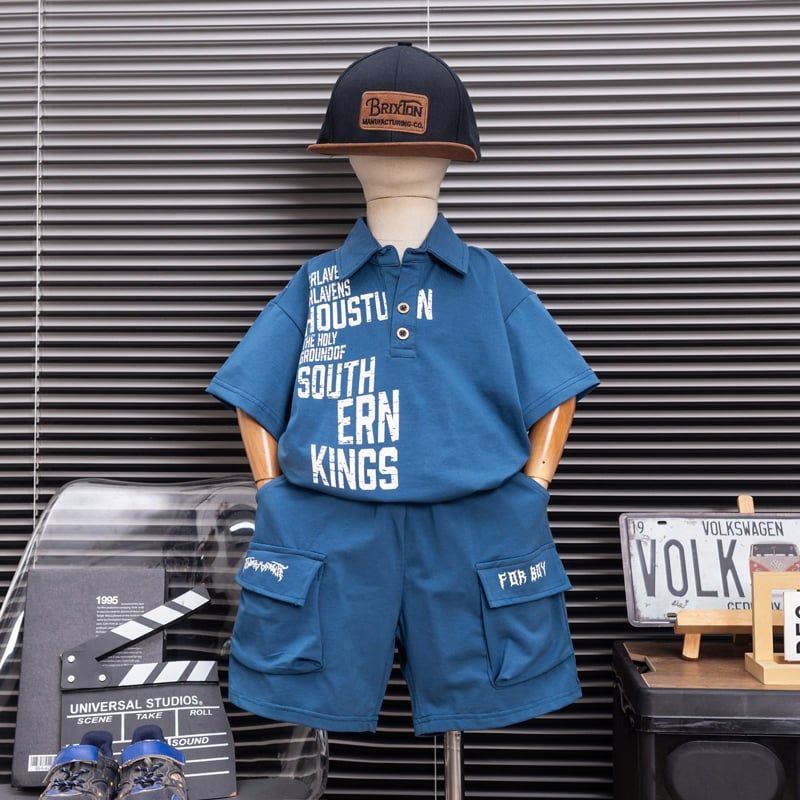 Bộ thun bé trai cổ trụ phối chữ