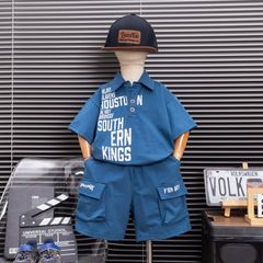 Bộ thun bé trai cổ trụ phối chữ