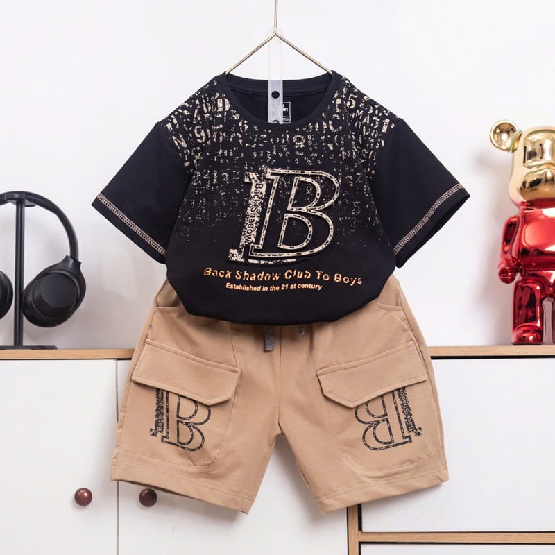 Bộ thun bé trai túi hộp chữ nổi B Back