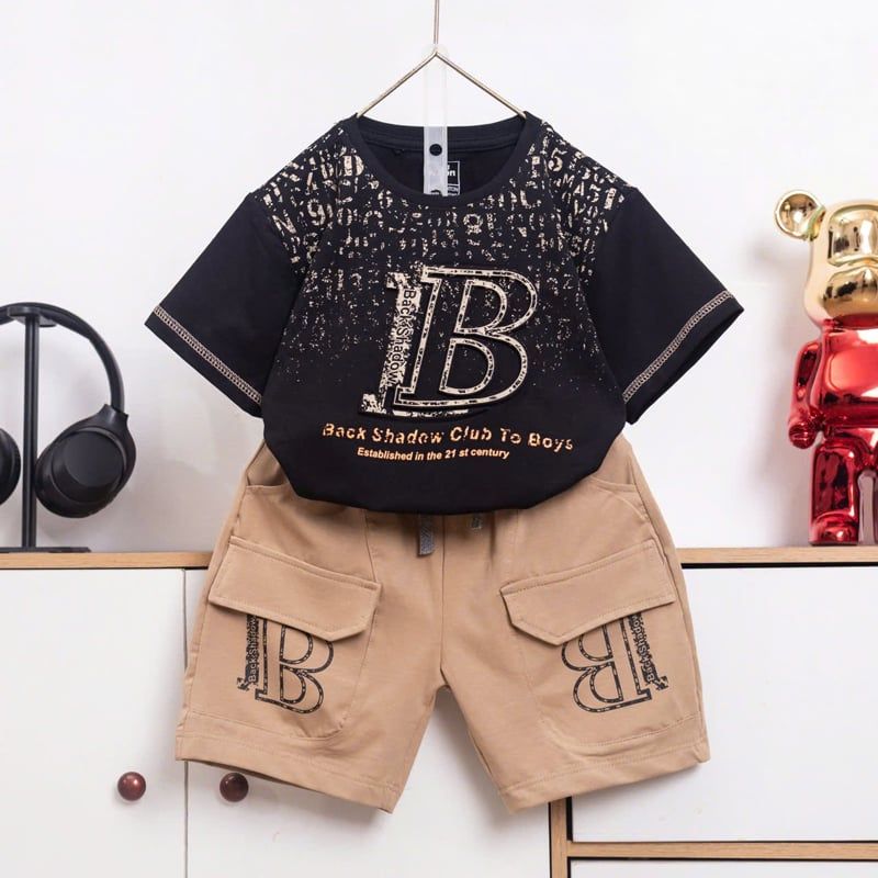Bộ thun bé trai túi hộp chữ nổi B Back