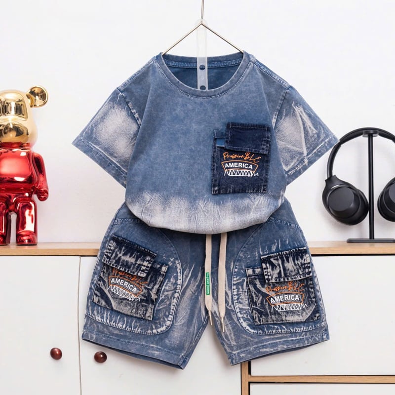 Bộ thun bé trai wash đá America