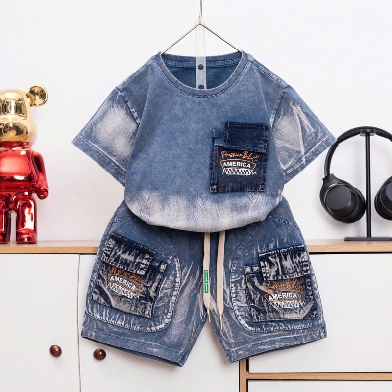 Bộ thun bé trai wash đá America