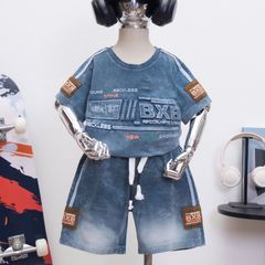 Bộ thun bé trai wash đá chữ nổi Young