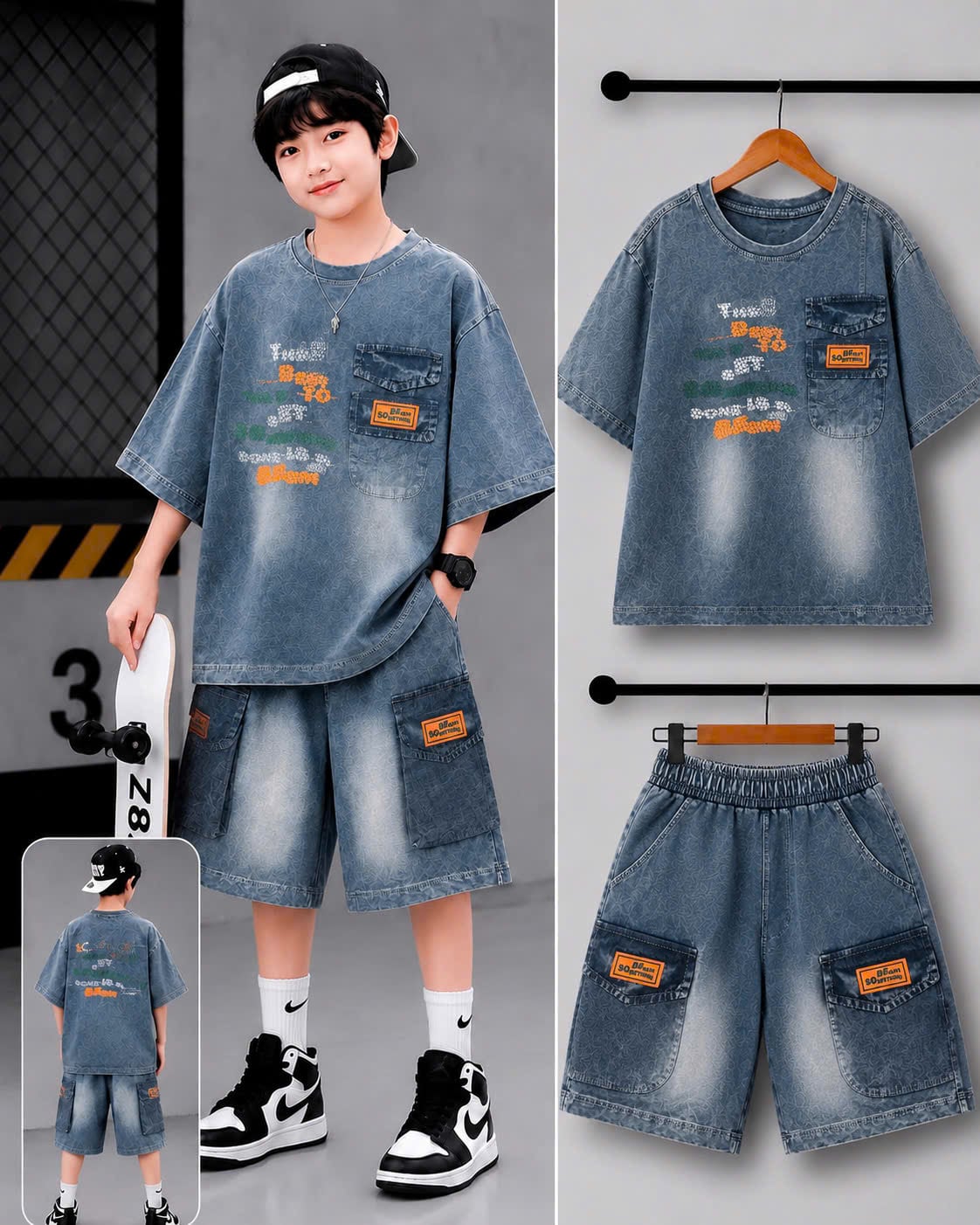 BỘ thun bé trai wash đá phối túi
