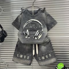 Bộ thun bé trai wash đá hình tai nghe