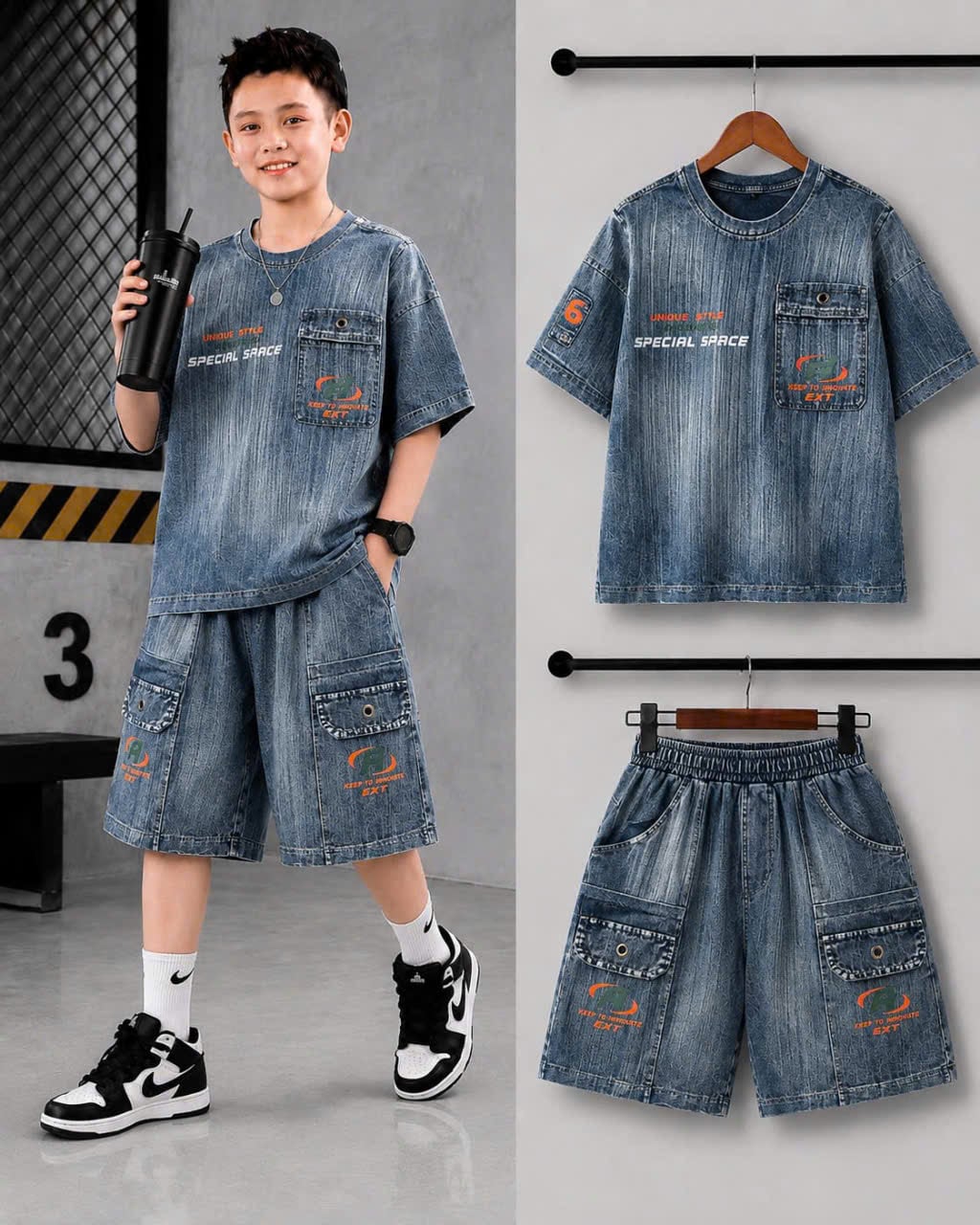 Bộ thun bé trai wash đá túi Special