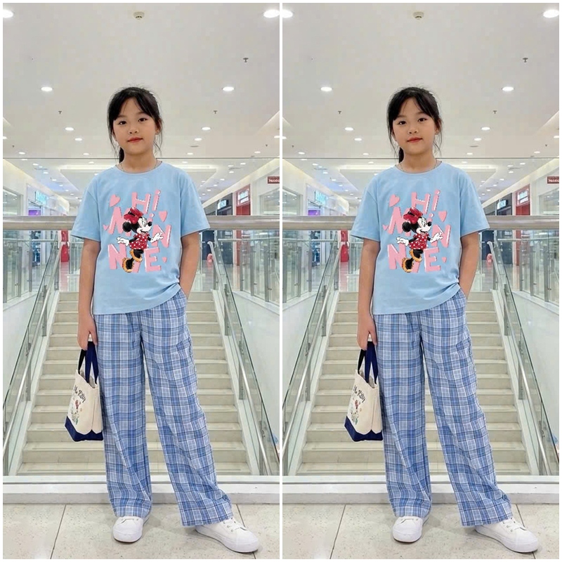 Bộ thun dài bé gái caro hình Mickey