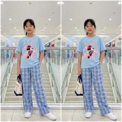 Bộ thun dài bé gái caro hình Mickey