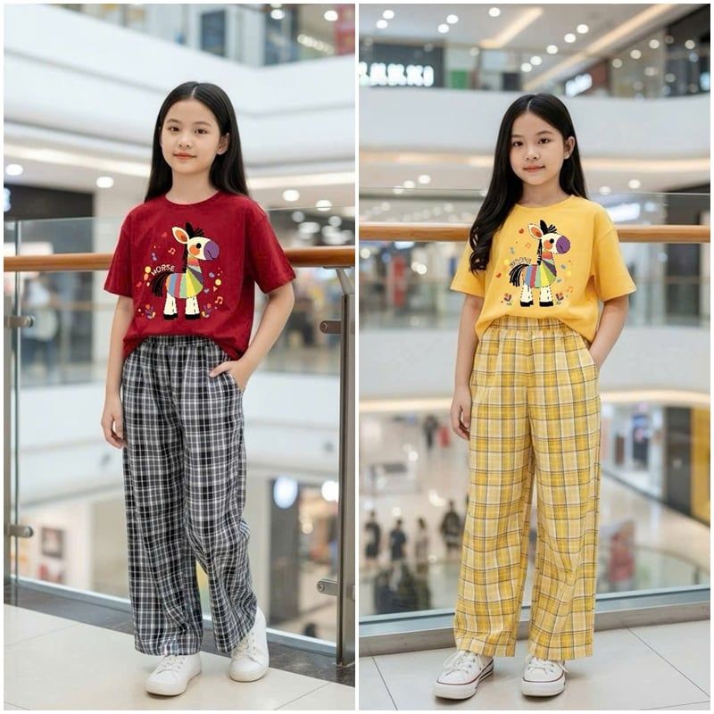 Bộ thun dài bé gái caro hình ngựa