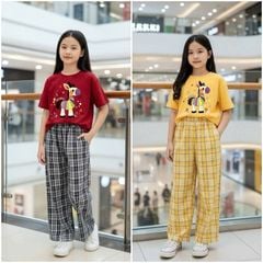 Bộ thun dài bé gái caro hình ngựa