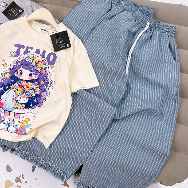 Bộ thun dài bé gái cô gái tóc hoa