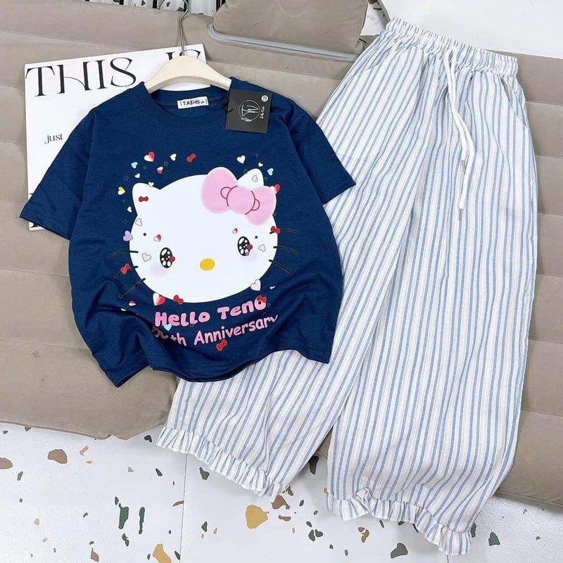 Bộ thun dài bé gái Kitty mắt rưng