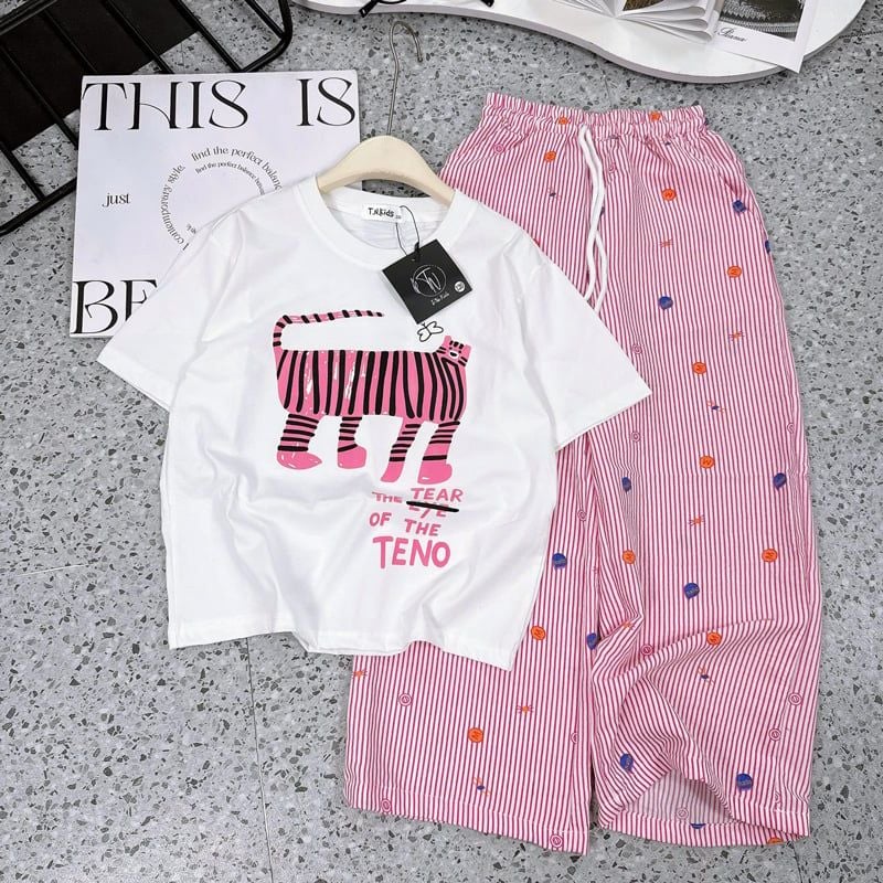 Bộ thun dài bé gái mèo sọc Teno