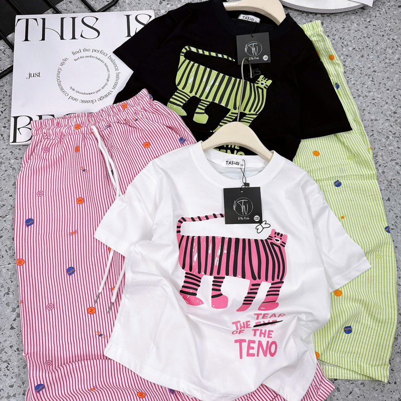 Bộ thun dài bé gái mèo sọc Teno