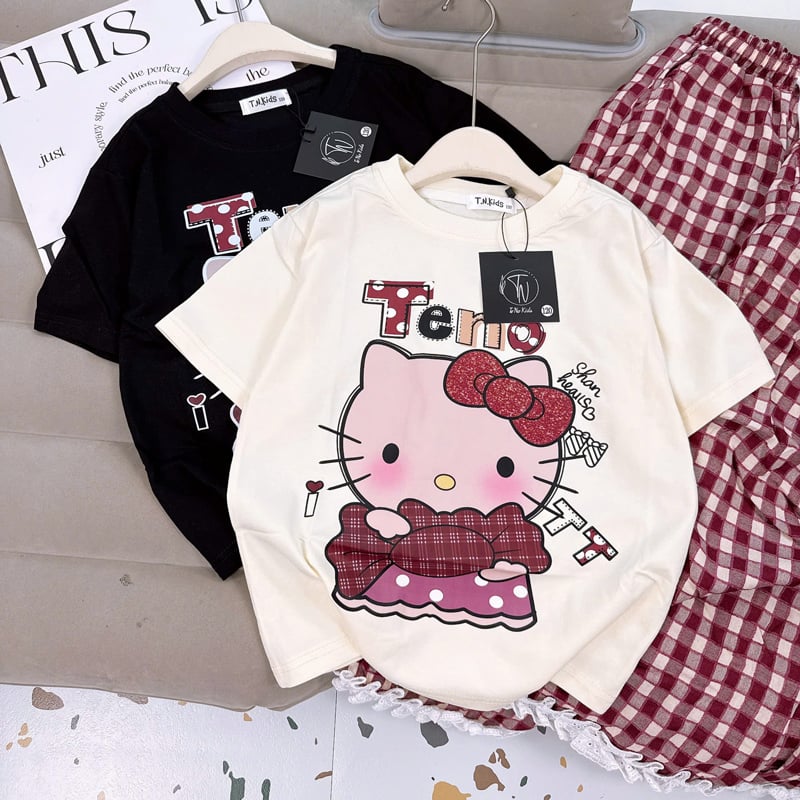 Bộ thun dài bé gái sọc caro Kitty Shan Heal