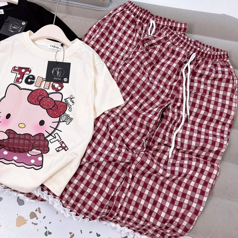 Bộ thun dài bé gái sọc caro Kitty Shan Heal