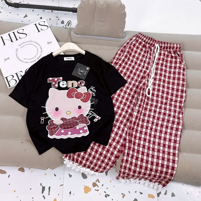 Bộ thun dài bé gái sọc caro Kitty Shan Heal