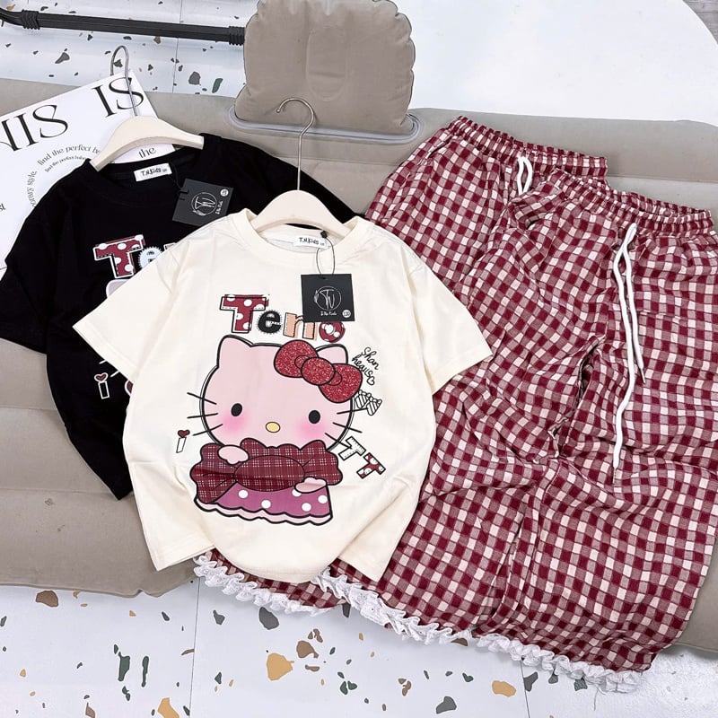 Bộ thun dài bé gái sọc caro Kitty Shan Heal