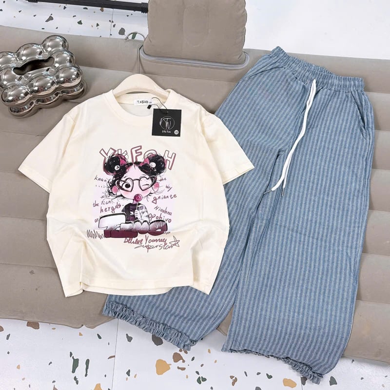 Bộ thun dài bé gái sọc cô gái YKF