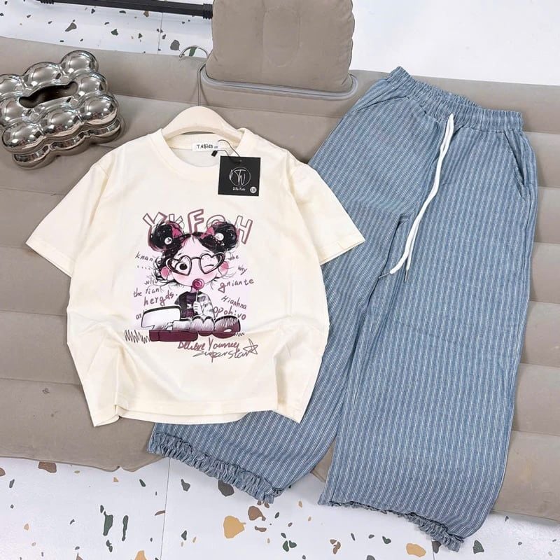 Bộ thun dài bé gái sọc cô gái YKF