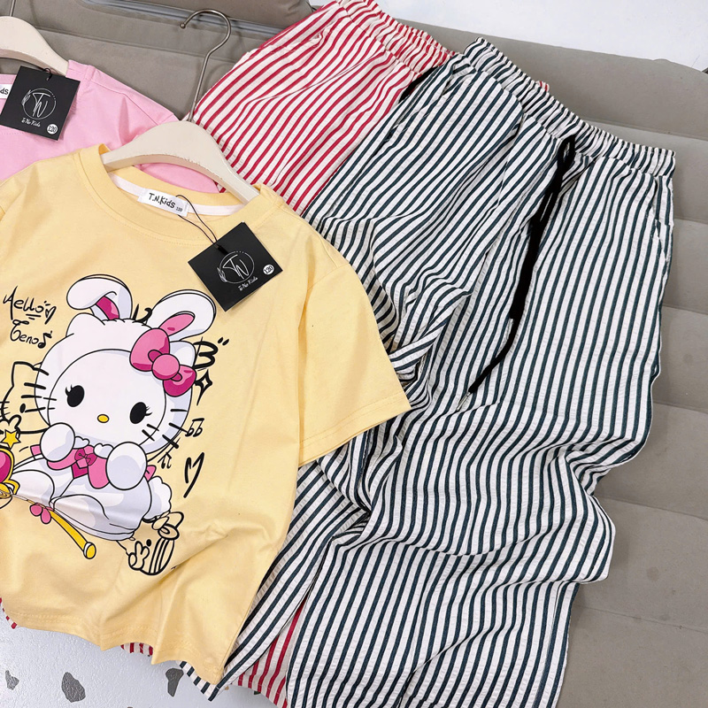 Bộ thun dài bé gái sọc Kitty thỏ