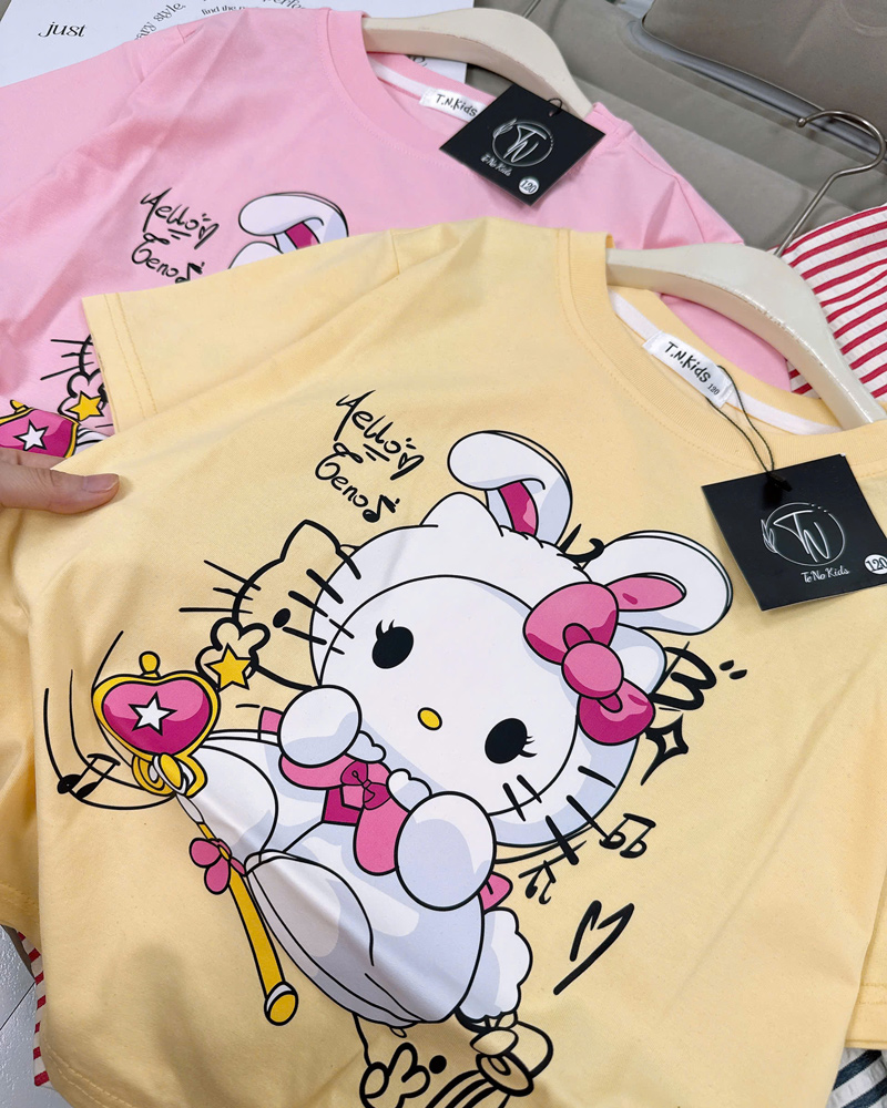 Bộ thun dài bé gái sọc Kitty thỏ
