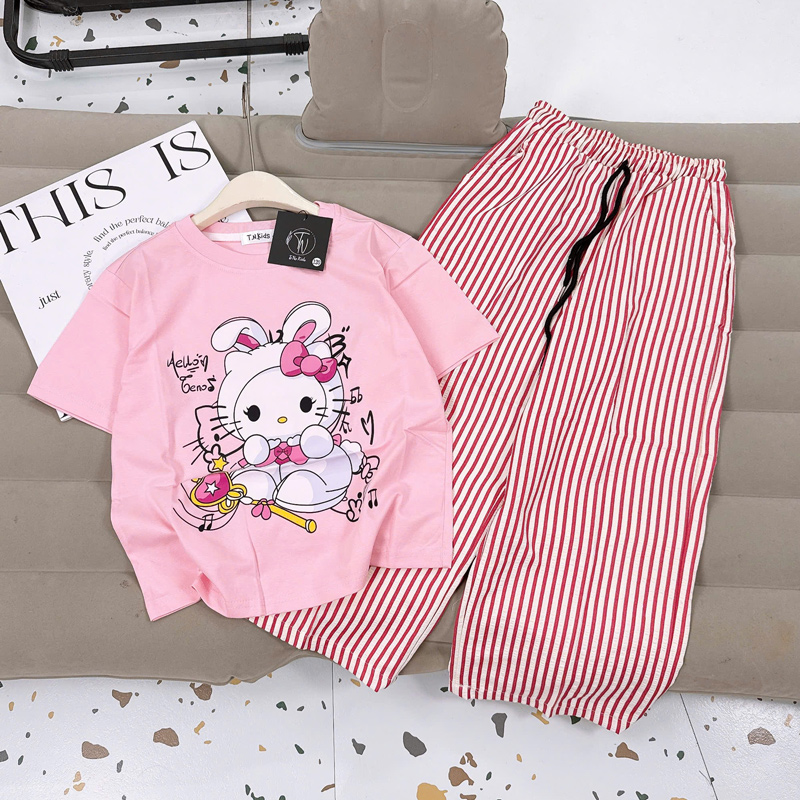 Bộ thun dài bé gái sọc Kitty thỏ