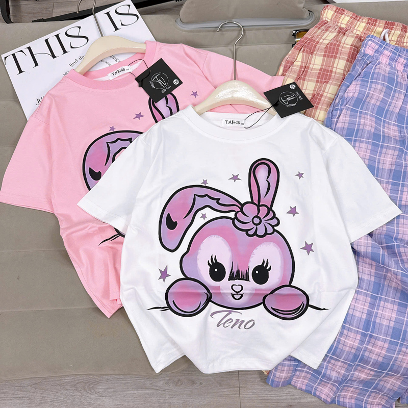 Bộ thun dài bé gái thỏ hoa quần sọc