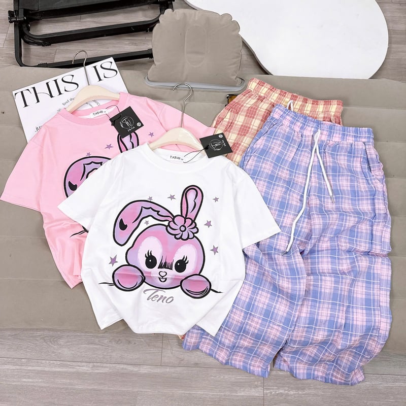 Bộ thun dài bé gái thỏ hoa quần sọc