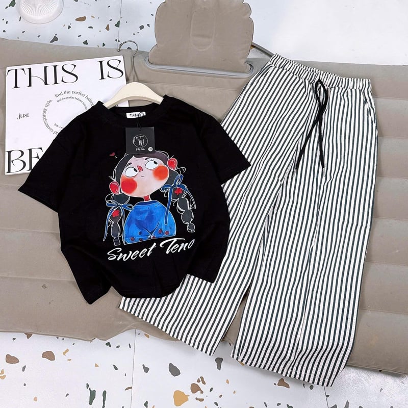 Bộ thun dài bé gái cô gái xanh