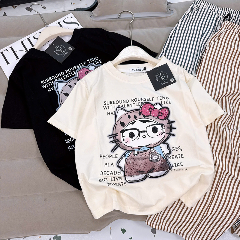 Bộ thun sọc dài bé gái Kitty mắt kiếng