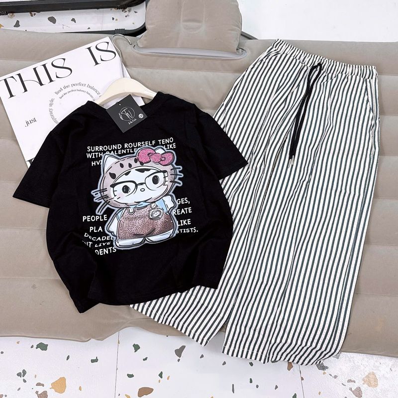 Bộ thun sọc dài bé gái Kitty mắt kiếng