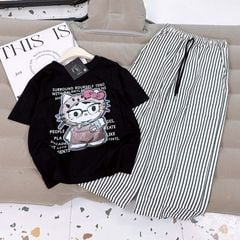 Bộ thun sọc dài bé gái Kitty mắt kiếng