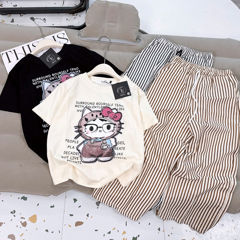 Bộ thun sọc dài bé gái Kitty mắt kiếng